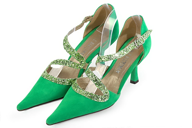 Emerald green women's open side shoes, with snake-shaped straps. Pointed toe. High slim heel. Front view - Florence KOOIJMAN